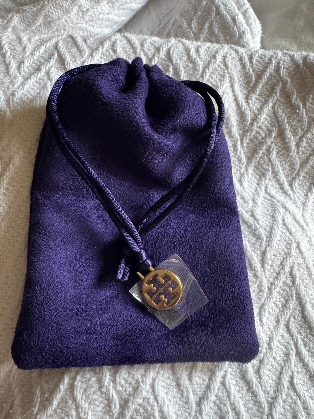 NWOT Tory Burch Gold Logo Charm with Purple Pouch